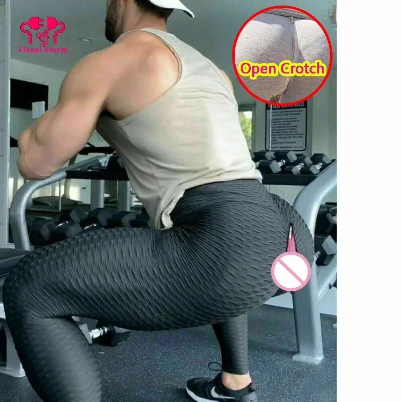 Men Sexy Crotchless Leggings Couple High Waist Gay Push Up Panties Open Crotch Pants Double Hidden Zippers Skinny Tight Fashion