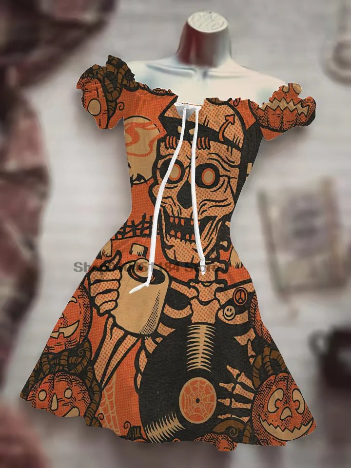 thumbnail image 1 of Disfraz de calavera con mangas abullonadas y cordón, vestido informal de una pieza de terror, disfraz de Halloween con sonrisa, falda corta, ropa hawaiana bohemia, 1 of 5