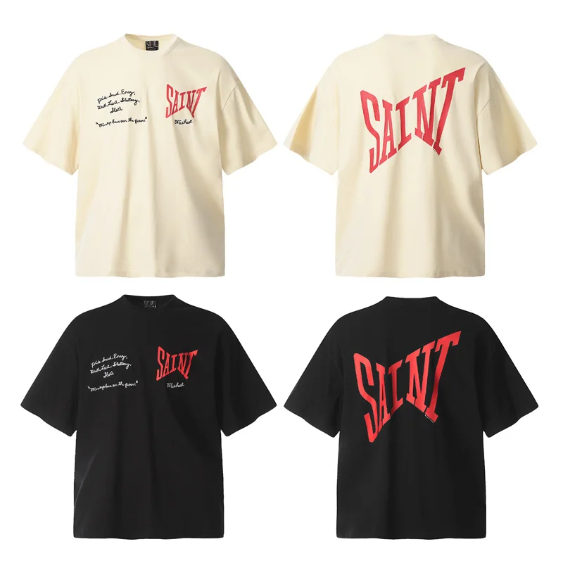 

Футболка с вышитыми буквами и логотипом Сен-Майкла, футболка 1:1, Высококачественная летняя футболка, Свободный Мужской Женский пуловер, топы