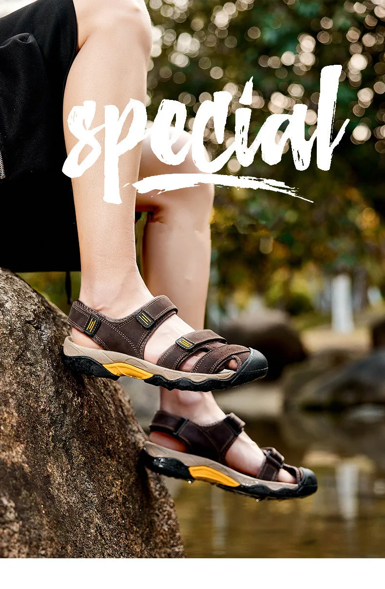 Summer Genuine Leather Men's Sandals Classic Breathable Slip-On Sandals Men Outdoor Casual Beach Sandals Sneakers Plus Size 48