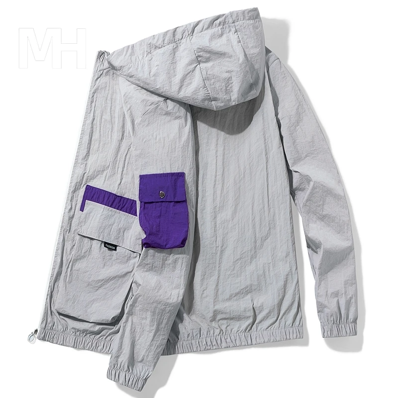 2024 Summer Sun Protection Clothing Men's Skin Elastic Ice Silk Ultra-thin Hooded Jacket Casual Outdoor UV Pocket Windbreaker