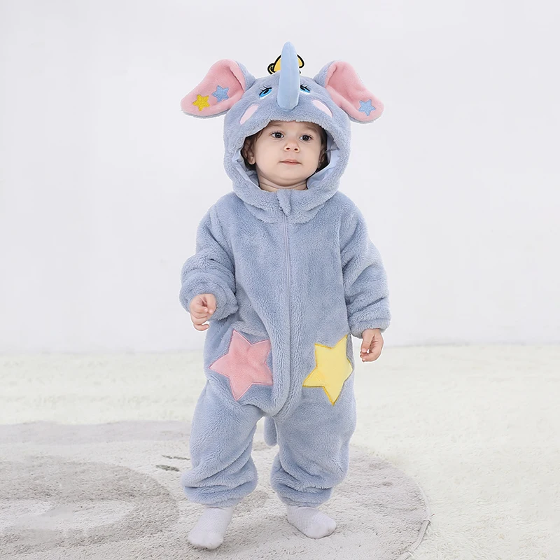 Kigurumis Lovely Elephant Vestiti per neonati Body in flanella invernale Ragazzi Ragazze Pagliaccetto Caldo costume cosplay Vestito con cappuccio - immagine 4