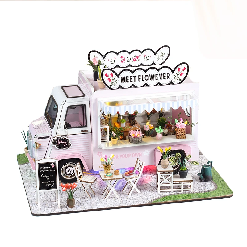 DIY Wooden Miniature Model Kit Flower Cart Casa Doll Houses 3D Puzzle Dollhouse With Furniture LED Lights for Friends Gifts 4