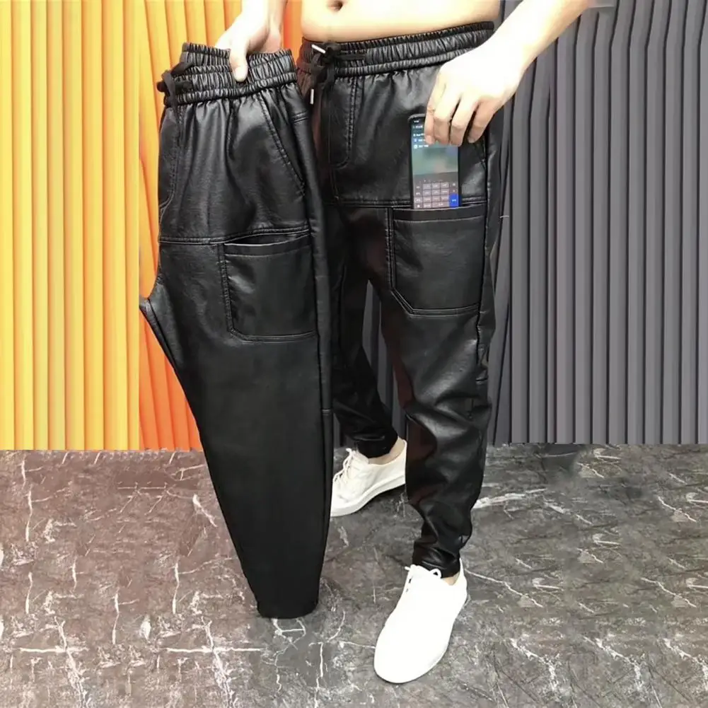 Black Elastic Waist Pants Stylish Men's Faux Leather Pants With Pockets Stretchy Waist Motorcycle Style Trousers For Spring Fall men trousers leather pants