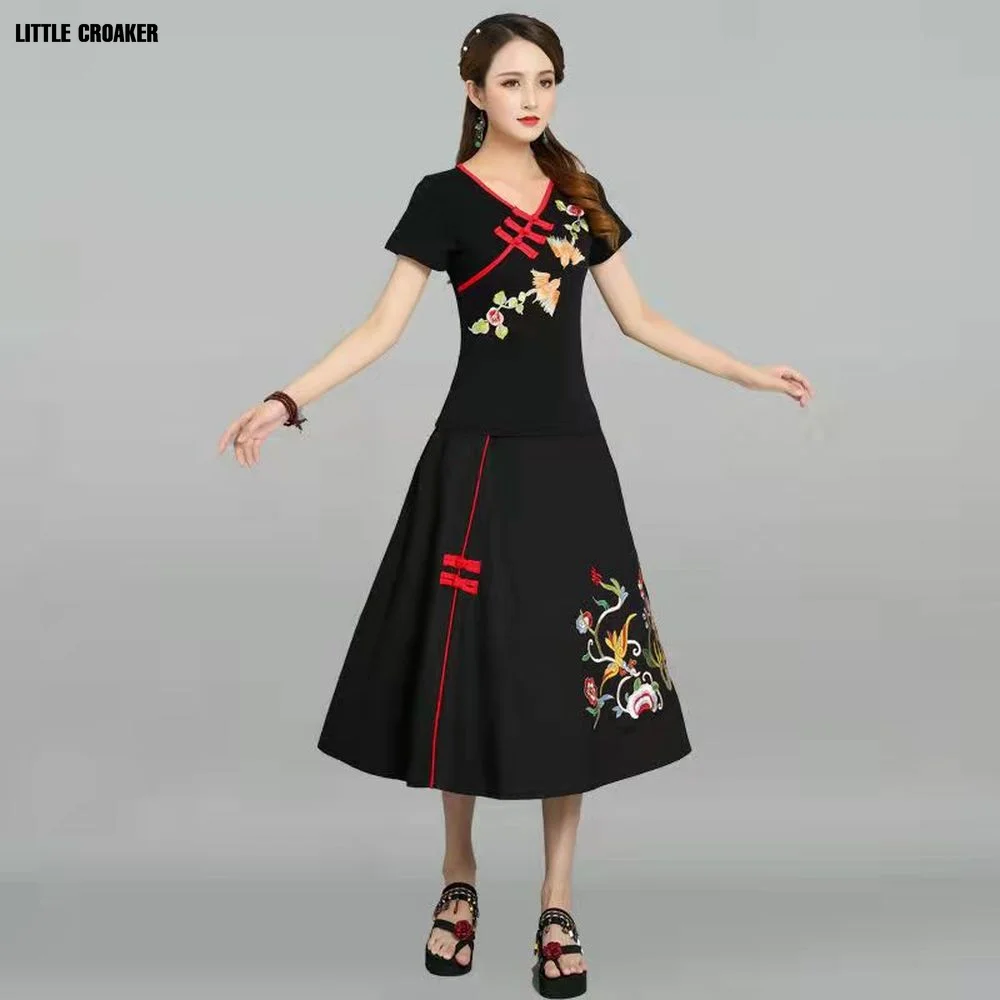 Cotton Linen Traditional Chinese Vintage Cheongsam Tops Embroidery Women O-neck Loose Style Clothing Retro Skirt Outfits