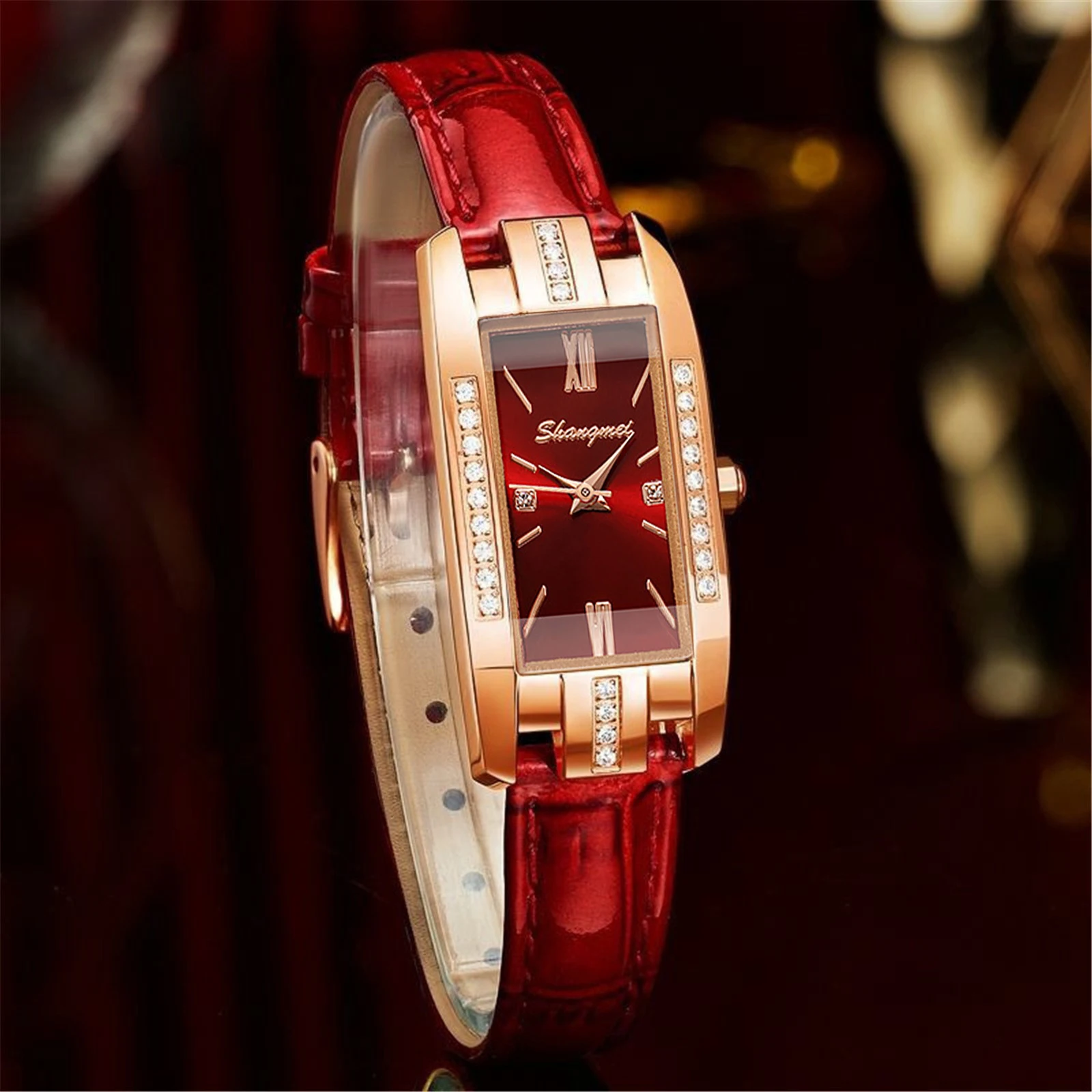 Luxury Fashion Women Leather Strap Rectangle Dial Quartz Watch