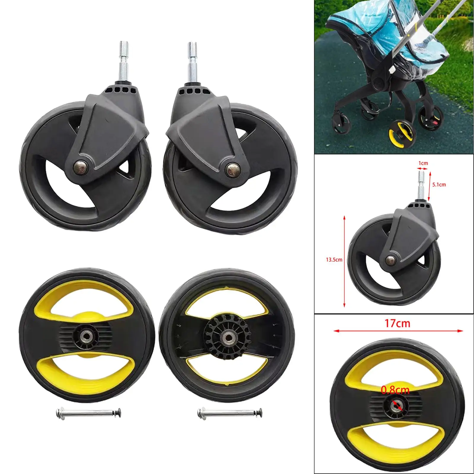 2x Pushchair Spare Parts Accessories Universal Pram Tire Wheel Replacement Swivel Wheel Rubber Trolley Set,pushchair spare parts