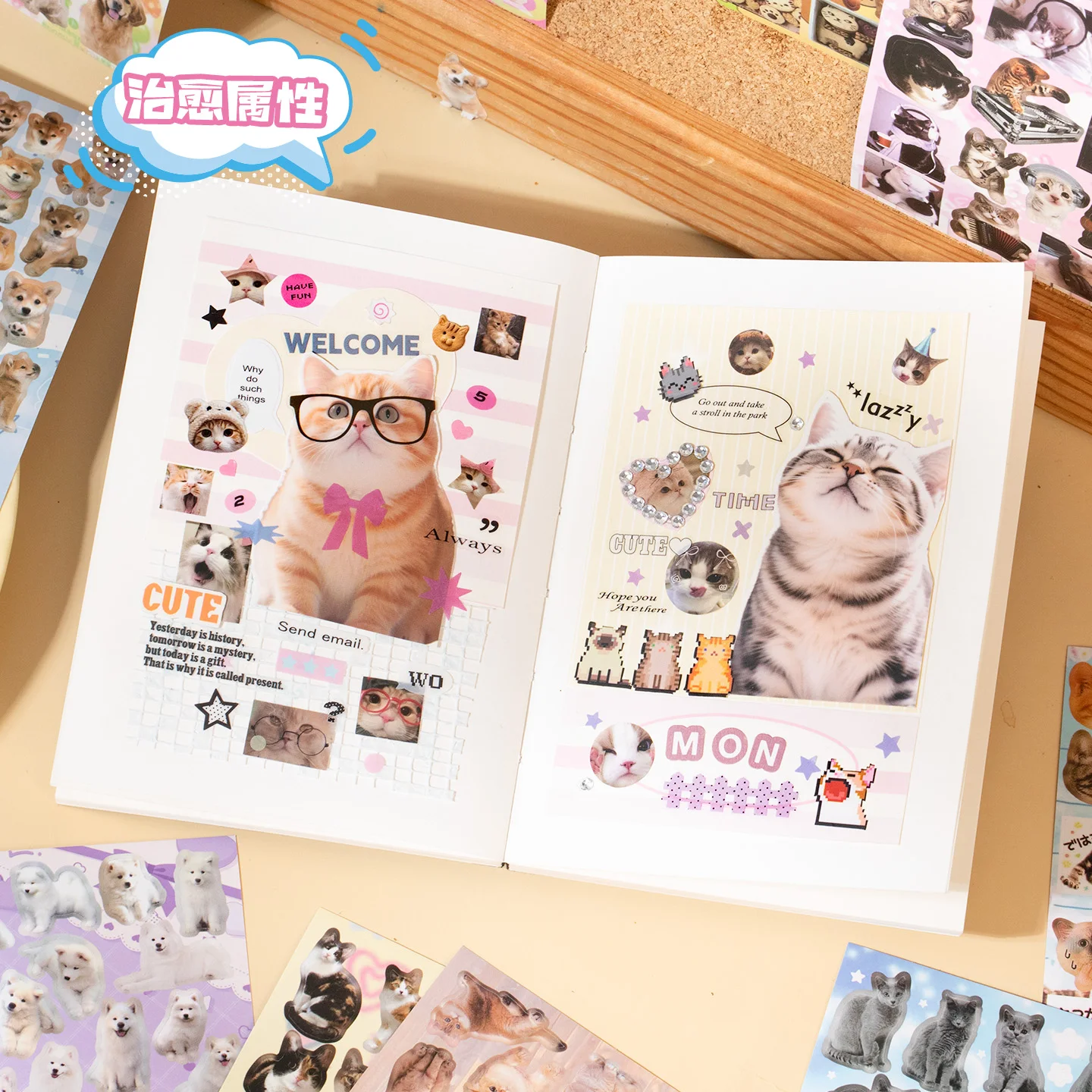 20개 코팅 종이 스티커 - 저널 스크랩북용 귀여운 고양이와 강아지 사진 스타일 데칼