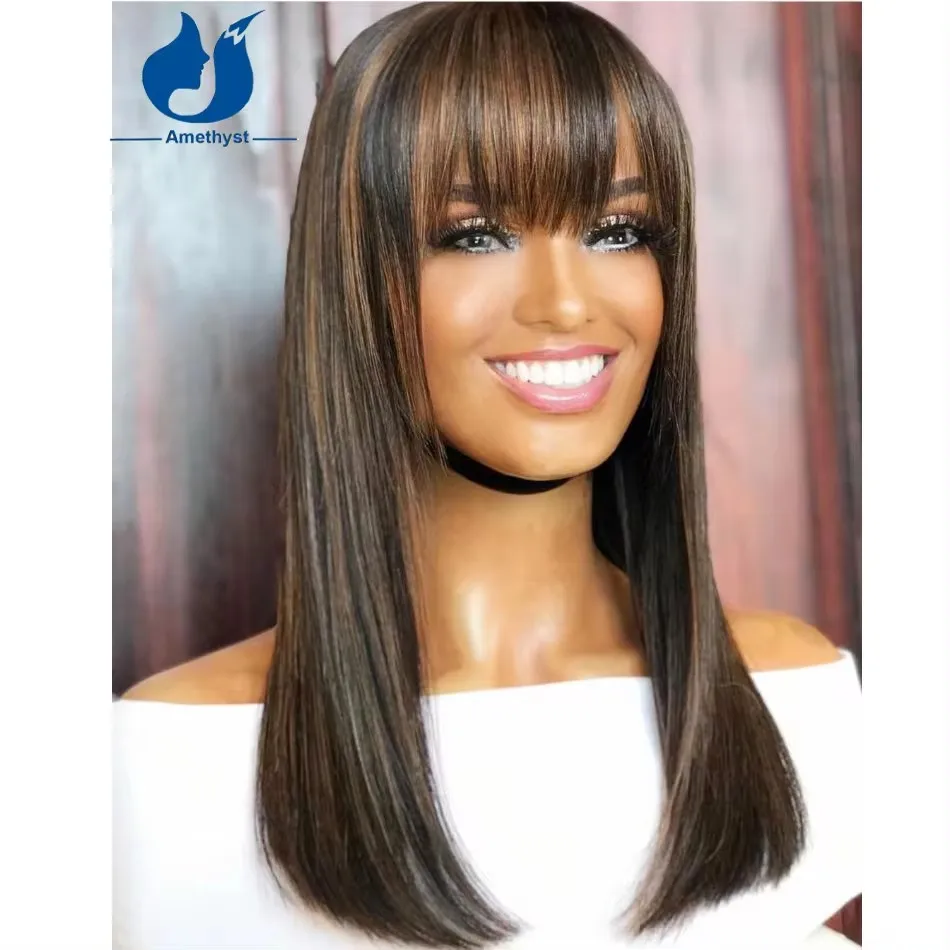 여성용 자수정 허니 블론드 하이라이트 인모 가발, 앞머리 있는 풀머신 가발, 스캘프탑 브라질 레미 스트레이트 헤어