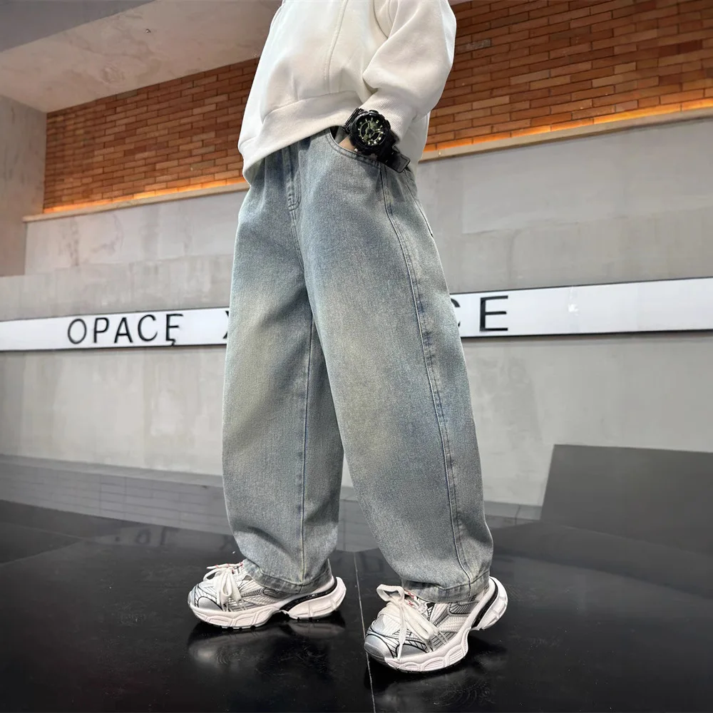 패션 초상화 프린트 청바지 소년용 신축성 있는 허리 데님 스트레이트 팬츠 청소년 의류 고품질 아동복 120-170cm