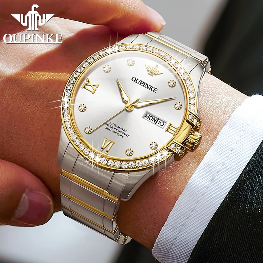 OUPINKE Top Brand Men Watch Imported Fully Automatic Mechanical Watch With Movement Waterproof Diamond Dial Week Calendar Watch