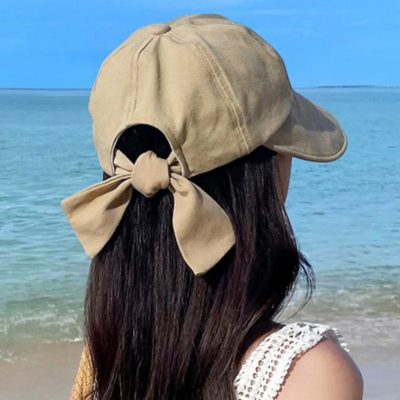 

Summer Bow Sunhats Women Girls Solid Color Wide Brimmed Foldable Fisherman Caps Simple Casual Sunscreen Caps Fashion Accessories