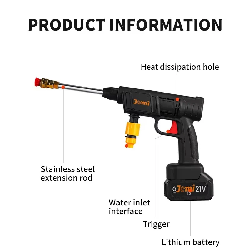 Jemi Tool 18V/21V Cordless High Pressure Washer, 60Bar Rechargeable Portable Washer for Car Wash and Flower Watering 6