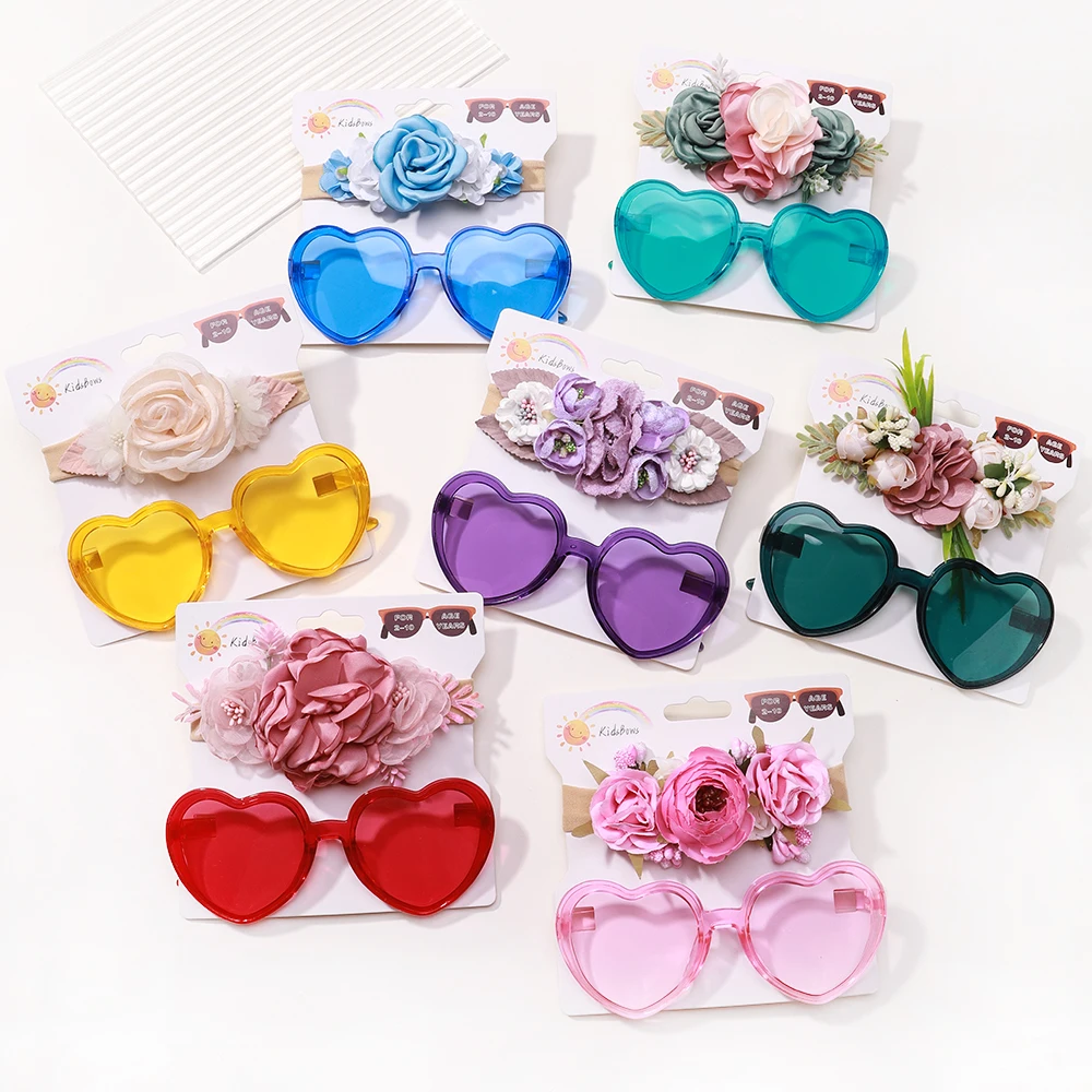 2Pcs/Set Vintage Artificial Flower Headband Sunglasses Set for Kids Girls Geometry Protective Glasses Headwear Hair Accessories fake flower hair bands for girls boutique artificial organza floral headband princess party headwear kids hair accessories