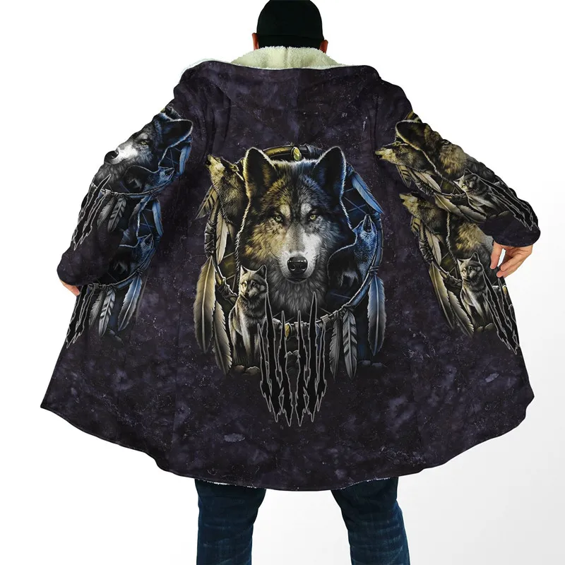 Newest Winter Mens cloak Beautiful Tribal Native Wolf 3D full Printing Thick Fleece Hooded Coat Unisex Casual Warm Cape coat native wolf white