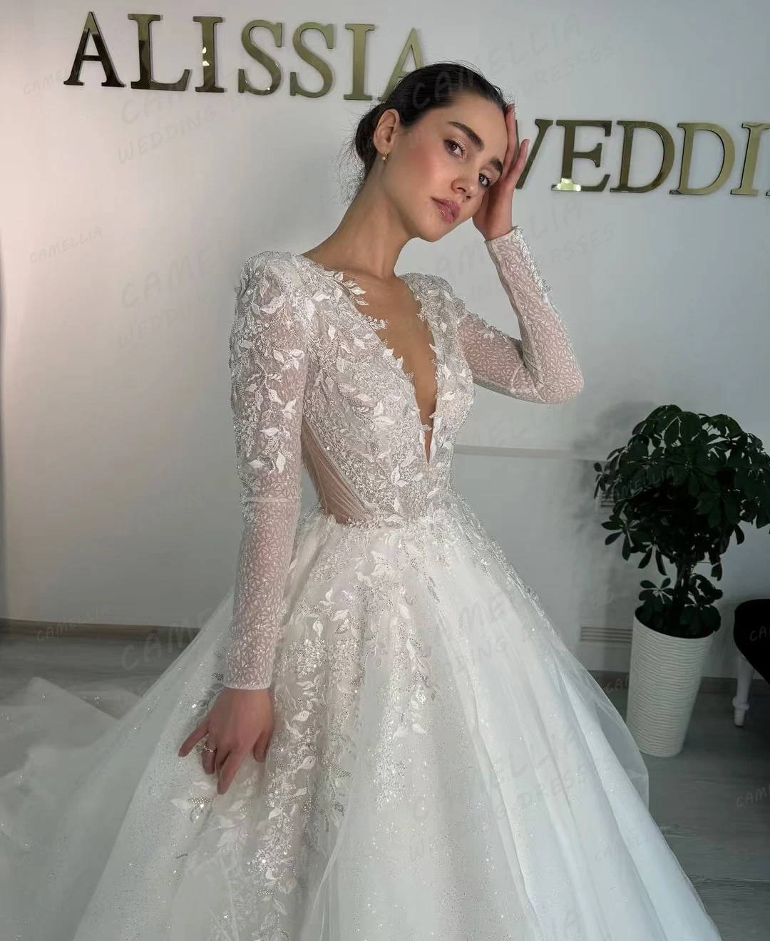 Luxury Wedding Dresses A Line Sexy V Neck Bridal Gowns Appliques Long Sleeve Backless Elegant Princess Vestidos Novia Customized 3