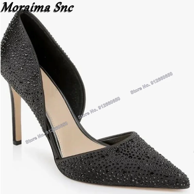 

Moraima Snc Black Crystal Pumps for Women Shallow Cut Out Solid Black High Heels Wedding Shoes Stilettos Heels Pointed Toe Pumps