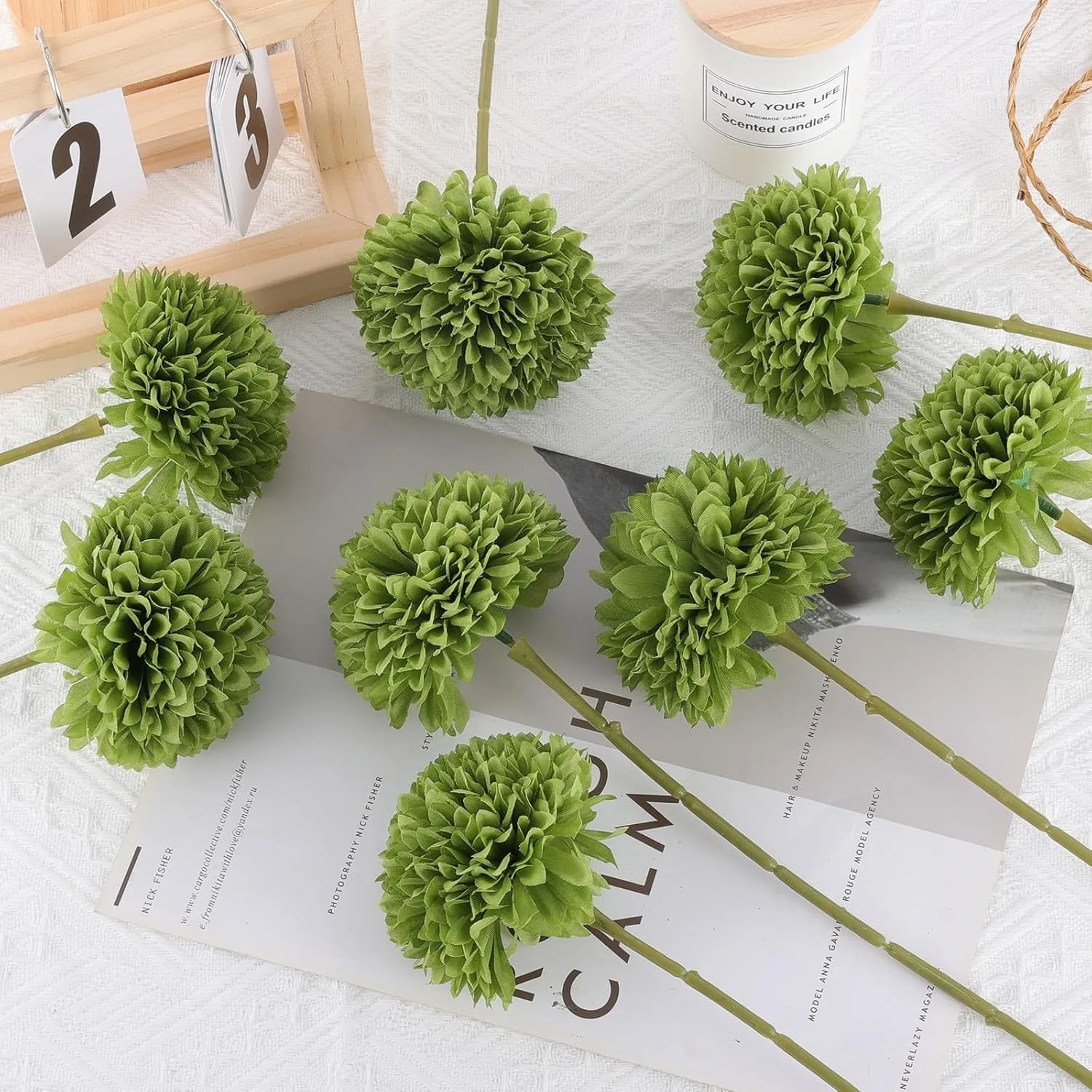 Artificial Ball Chrysanthemum -12pcs with Green Flowers - Image 3