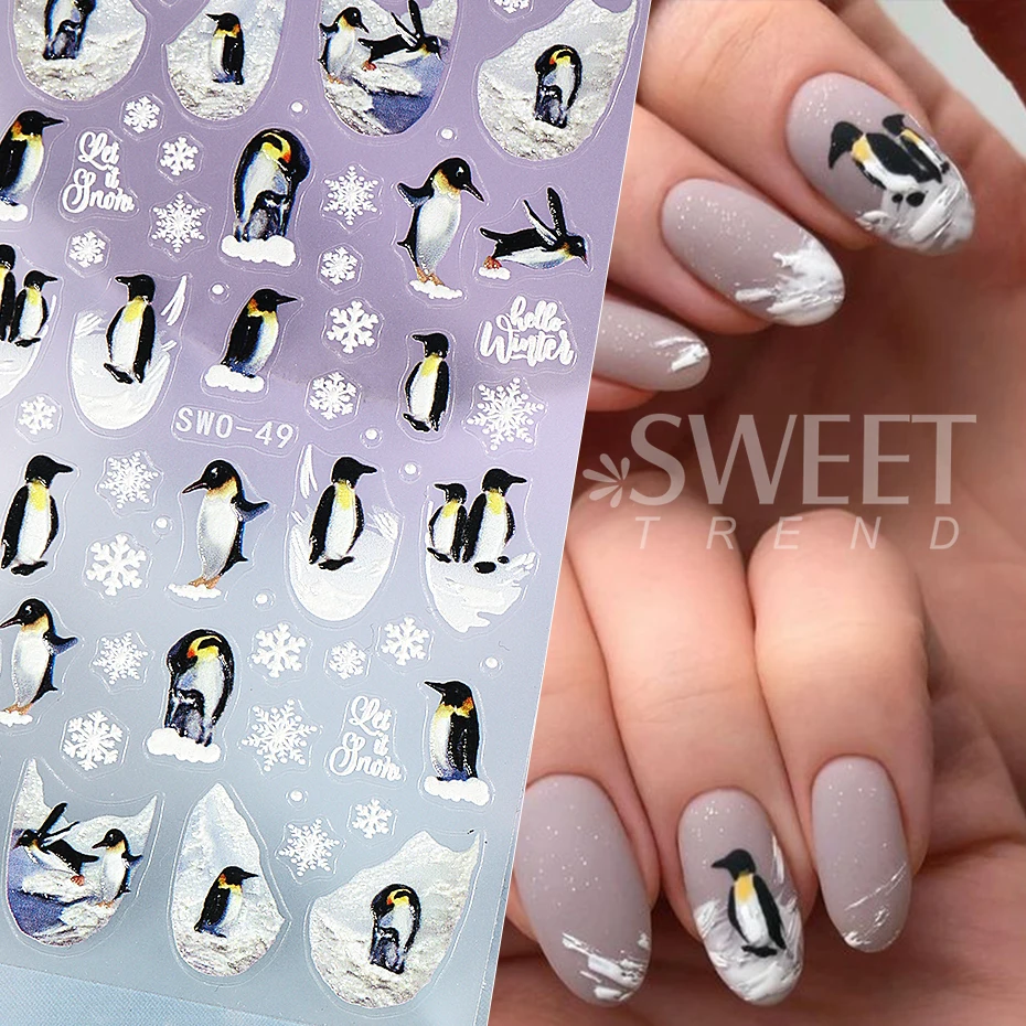 2pcs Cartoon Nail Stickers Winter Wolf Penguin Snowflake Rose Design Self Adhesive Sliders Nail Art Decals Manicure Decoration