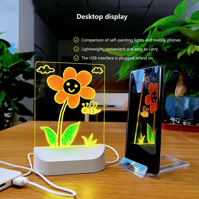 LED 어린이용 손그림 발광 보드 지울 수 있는 조명 USB 플러그인 야간등 DIY 창의적 장난감 7개 펜 포함 선물 신제품