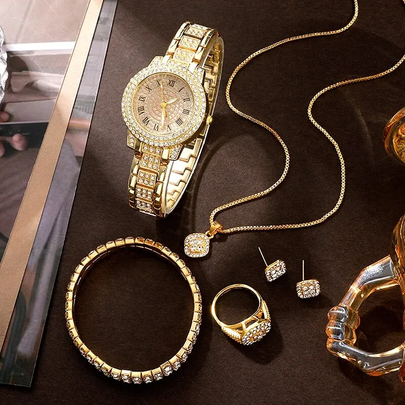 Golden Watch Women Ring Necklace Earrings Rhinestone Fashion Wristwatch Female Casual Ladies Watches Bracelet Set Clock, Alina Gadgets