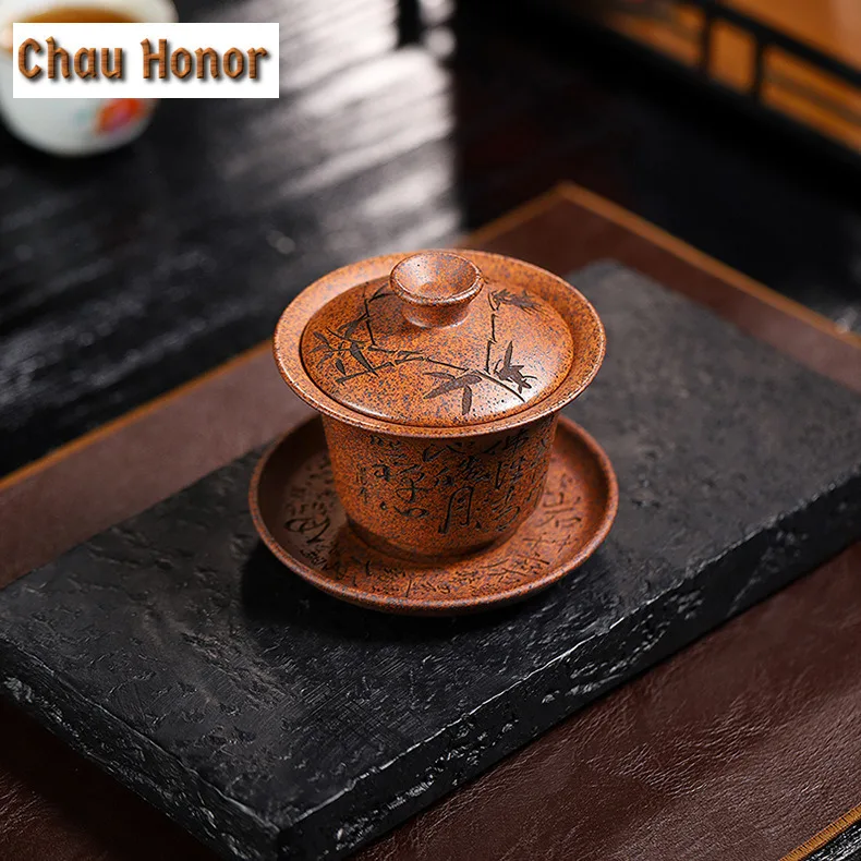 175ml Handmade Wood-fired Purple Clay Gaiwan Tea Tureen Bamboo Tea Bowl With Lid Kit Tea Making Cover Bowl Tea Services Gifts