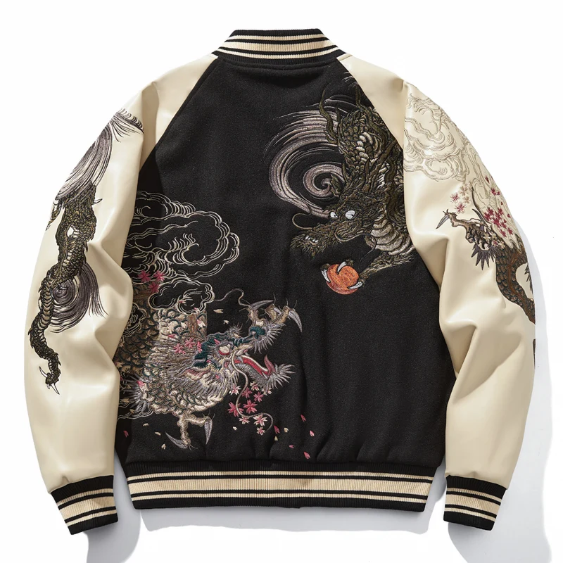 Dragon Year Red New Embroidery Jacket Men's And Women's Couple Baseball Uniform Coat National Fashion Long Sleeve Baggy Chaqueta