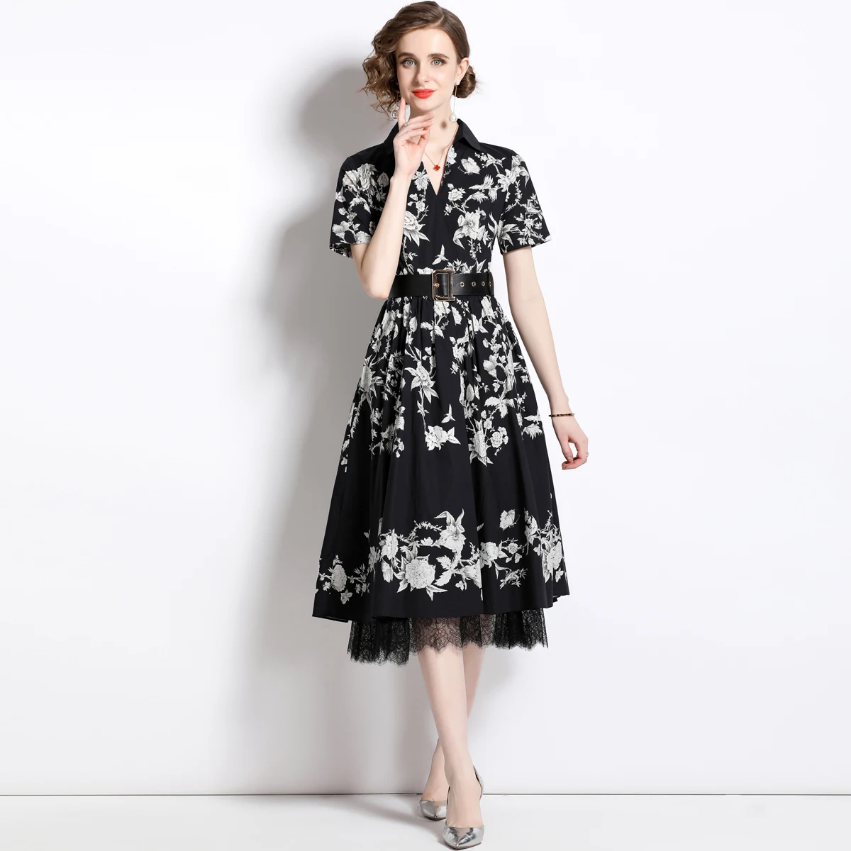 

Runway 2023 Women Blouse Dress Turn-Down Collar Short Sleeve Patchwork Lace Casual Floral Printed Party Midi Dresses Robes A1956