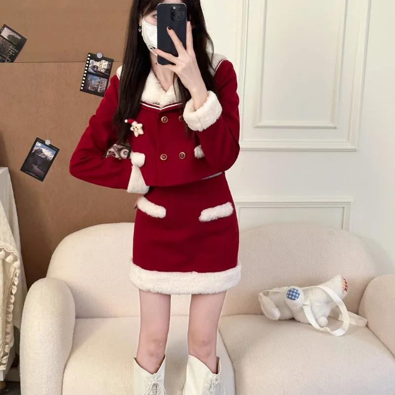

Christmas Lapel Plush Jacket Skirt Two-piece Set Women Korean College Sweet Double Breasted Soft Glutinous Slim Festival Suit
