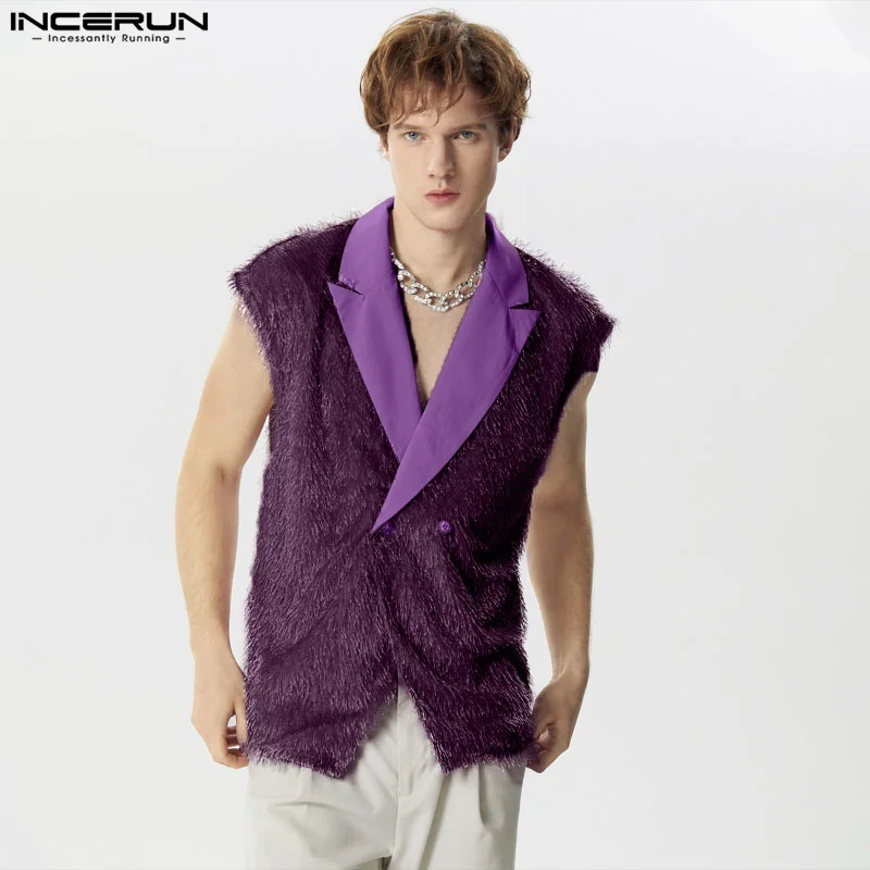 

INCERUN Tops 2024 American Style New Mens Contrast Plush Tassel Vests Leisure Party Shows Personality Sleeveless Waistcoat S-5XL