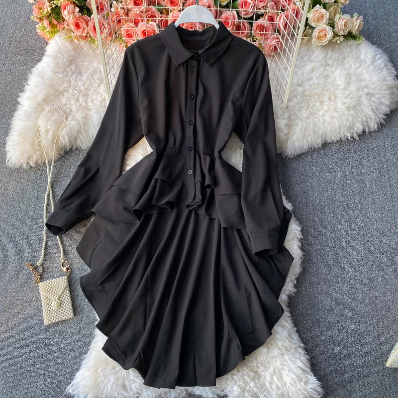 

2023 Spring and Autumn New Korean Shirt Mid Length Loose Irregular Ruffled Edge Foreign Style Shirt Dress Long Sleeve