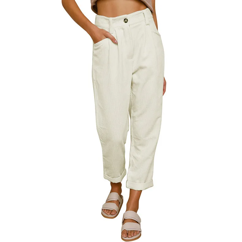 High Waist Casual Pants for Women Autumn Winter Corduroy Straight Leg Trousers Comfortable Loose Fit Long Pants - 4