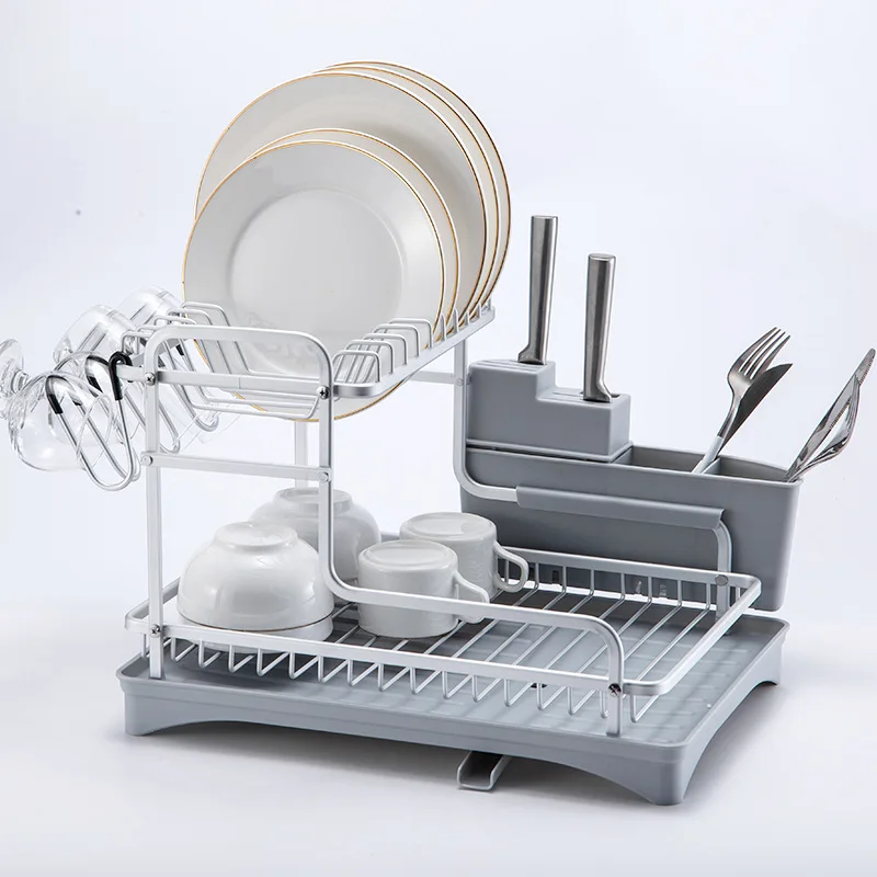 

New Aluminum Double-Layer Dish Rack Water Tray Kitchen Cutlery Rack Plate Bowl Chopsticks Spoon Storage Organizer Sink Holder