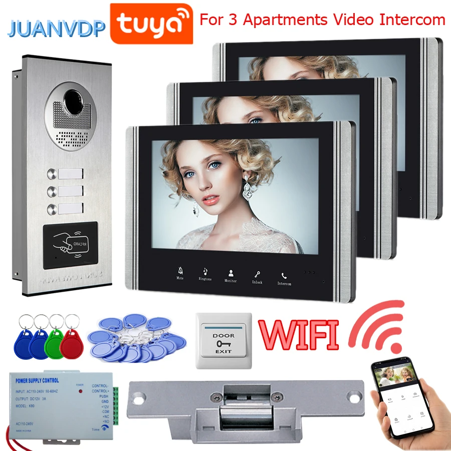 

Tuya Wifi 7 Inch Color Video Door Phone doorbell RFID Access Control Camera System for 2/3/4/6 Unit multi apartments Intercom