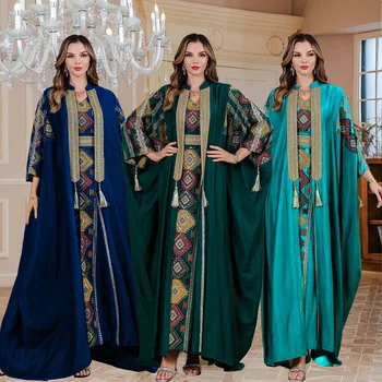 Ramadan Muslim Embroidery Open Abaya Women Luxury Evening Dress 2 Piece Set Dubai Turkey High Quality Formal Party Vestidos Gown
