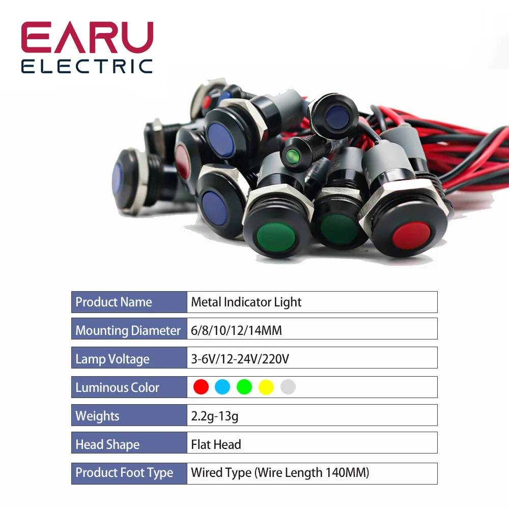 Description Picture 5 of item6mm 8mm10mm 12mm 14mm BlacK Flat Head Waterproof IP67 Metal LED Warning Indicator Light Signal Lamp Pilot Wire 3-6V 12-24V 220V