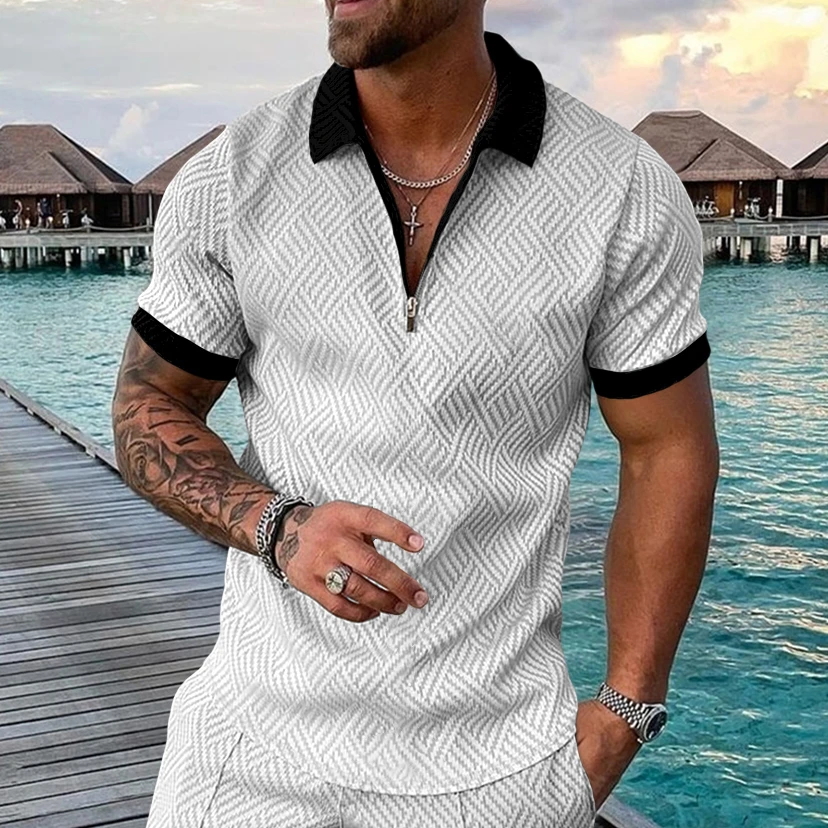 Spring And Summer Men's Casual Polo Shirt Vneck Zipper Slim Tshirt Solid Color Printed Outdoor