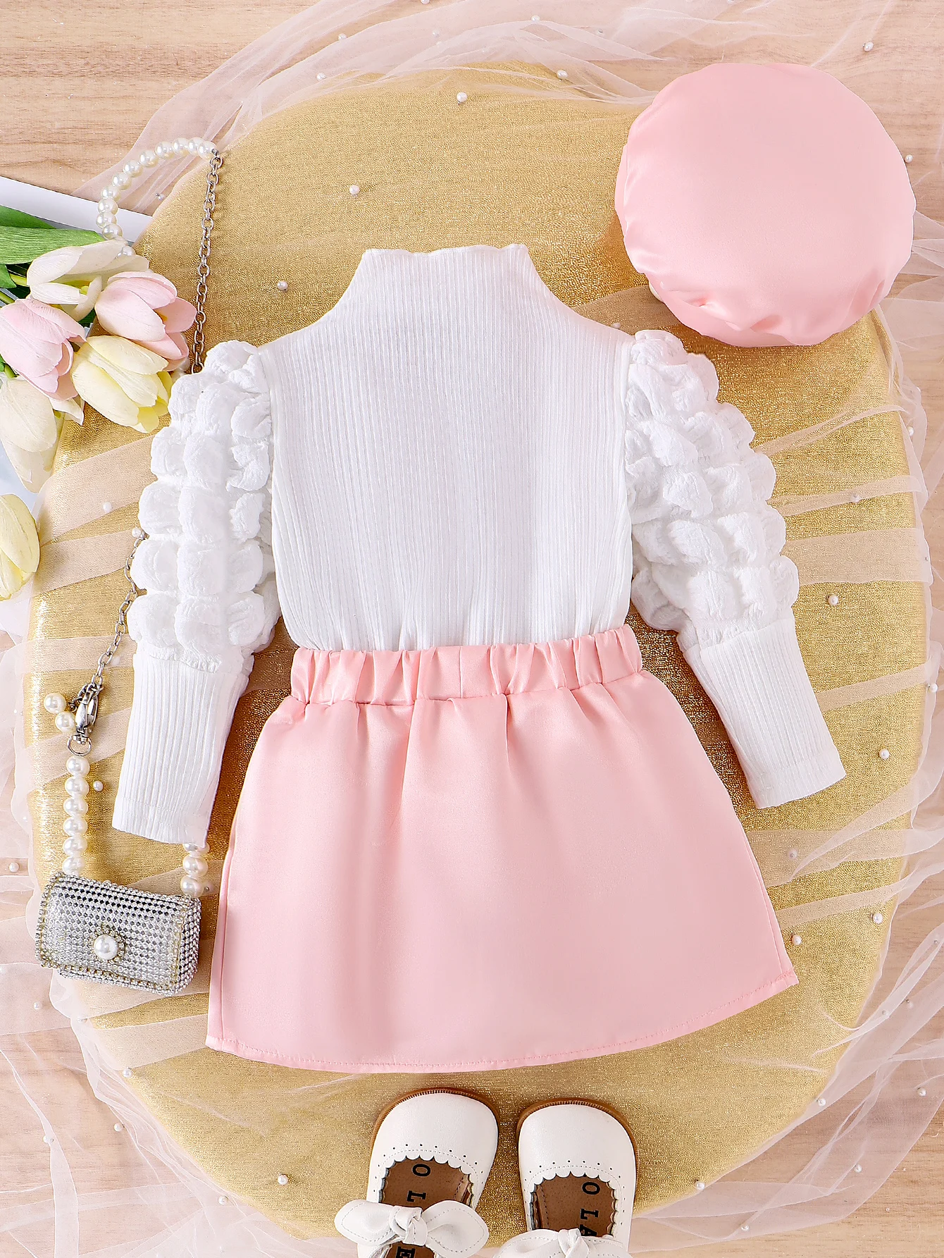 3PCS Autumn Outfit For 0-3 Year Old Girls Comfortable Sweet Bubble Sleeve Top Pink Pleated Skirt Hat Set