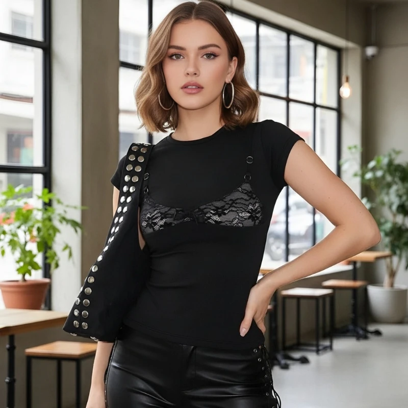 Summer New 2026 Women's Black Fake Two-piece Splicing Crew Neck Short T-shirt Fashion Street Style Sexy Casual Short Sleeved Top