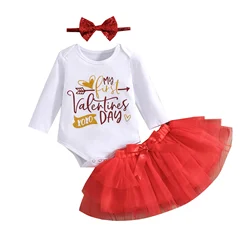 Vêtements pour bébé, tenue de la première saint valentin, manches longues, lettres imprimées, body, jupes Tutu, bandeau, ensemble décontracté 