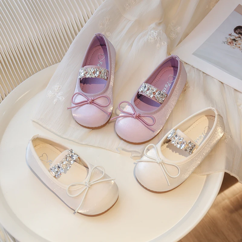 Girl Princess Shoes Purple Beige Crystal Elegant Spring Ballet Flats Bowtie Elastic Band Round Toe 23-34