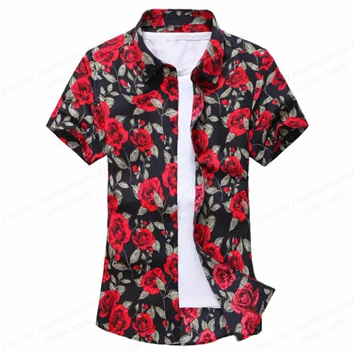 Summer Floral Hawaiian Shirts Men Fashion Short Sleeve Shirt Flower Blouse Turn Over Collar Casual Lapel Camisas Men's Clothing 2