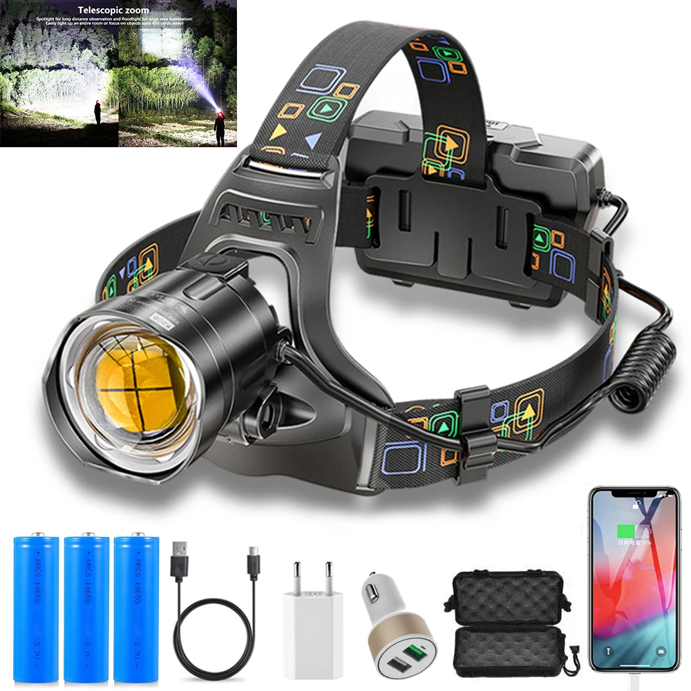 

Powerful XHP100 LED Headlamp 3Mode Waterproof Zoomable Headlight USB Rechargeable 18650 Lantern Hunting Fishing Head Front Light