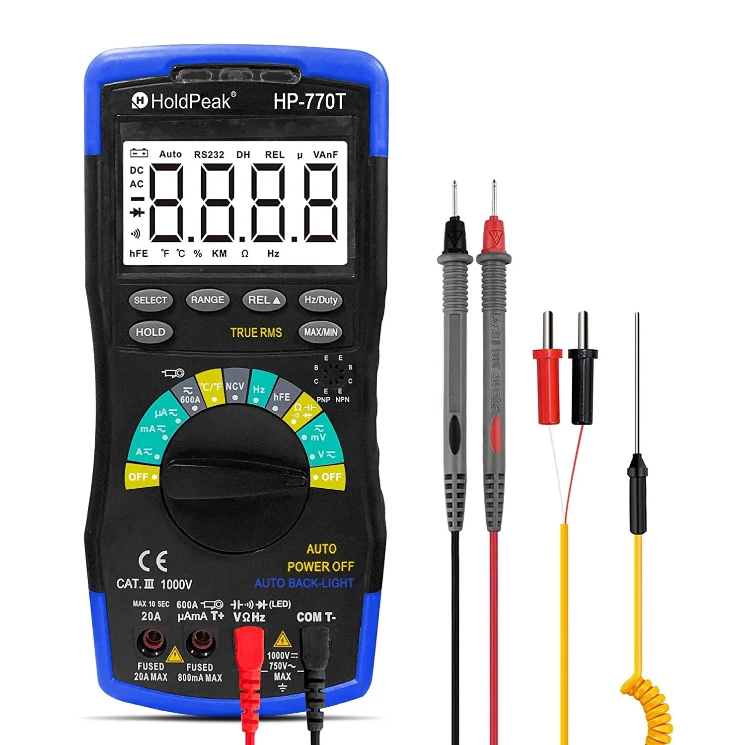 

HOLDPEAK HP-770T Digital Multimeter 6000 Counts TRMS DMM CATIII 1000V Auto Ranging Data Hold NCV AC/DC Amp Ohm Volt Meter