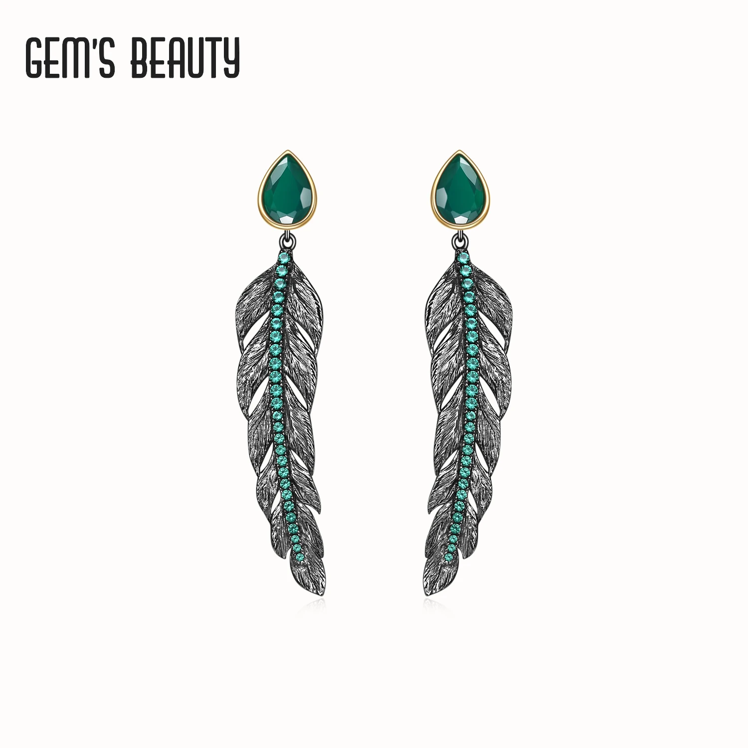 

GEM'S BEAUTY 925 Sterling Silver Feather Earrings For Women 2021 Style Natural Pear Cut Green Agate Handmade Stud Earrings