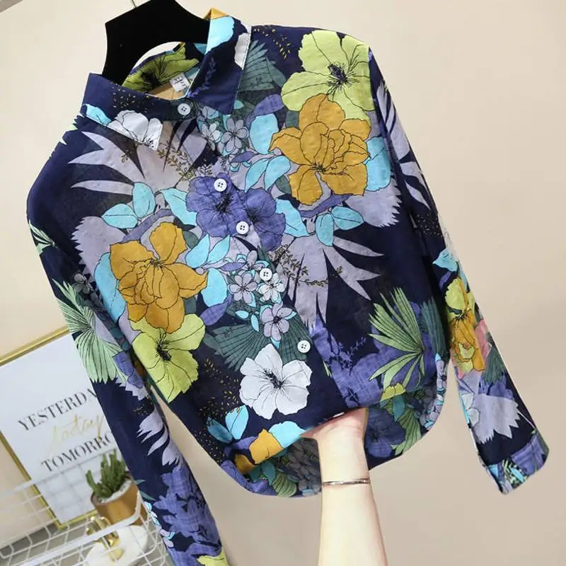 Cotton Linen Colourful Floral Pattern Asymmetry Printing Single Breasted Thin Vintage Shirt Popular Chic Long Sleeve Female Slim pattern printing pu leather cover for xiaomi 12 5g 12x 5g 12s 5g wallet stand anti scratch shockproof protective case peach blossom and flower