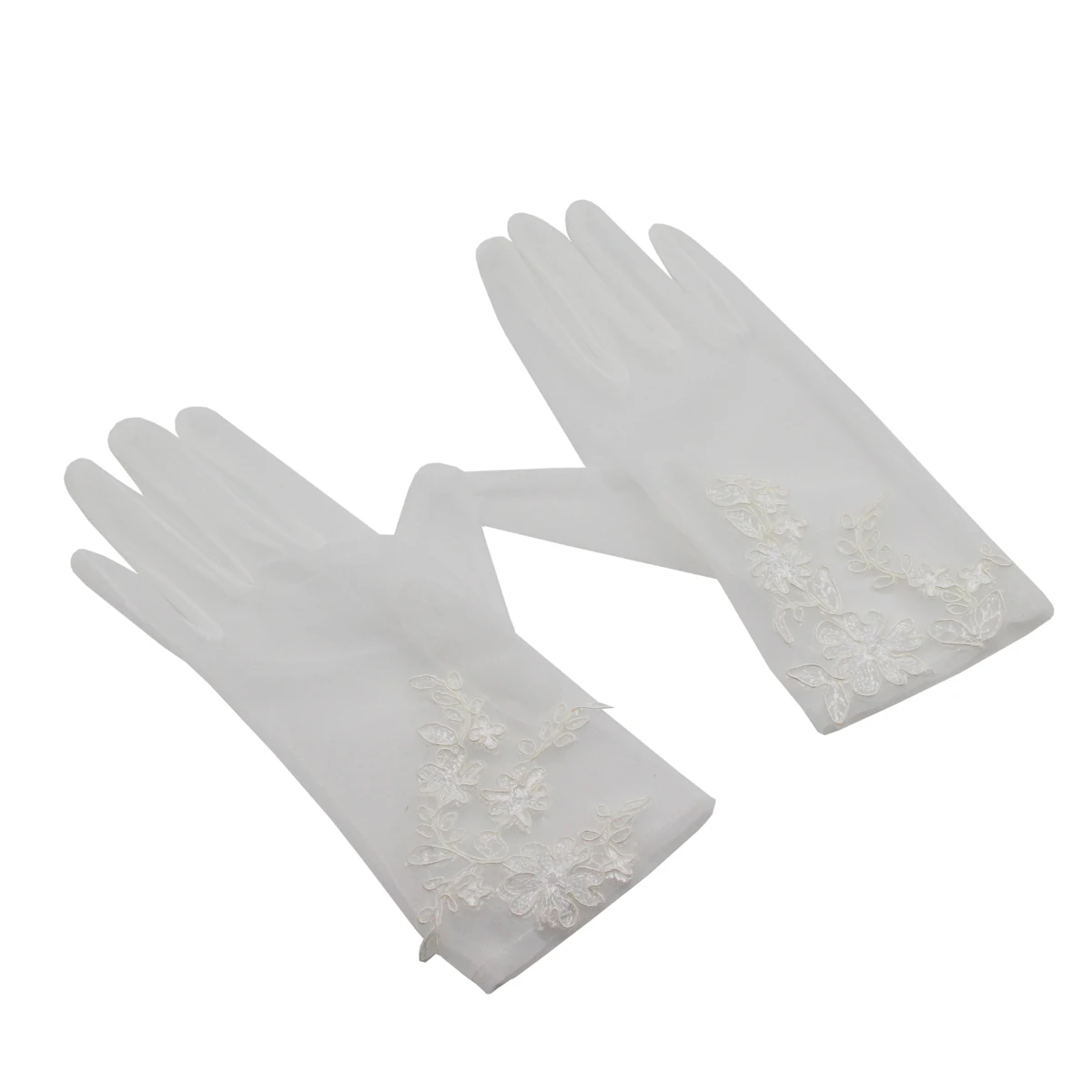 WG060 Wedding bridal white gloves handmade soft tulle lace appliqued short brides lace gloves