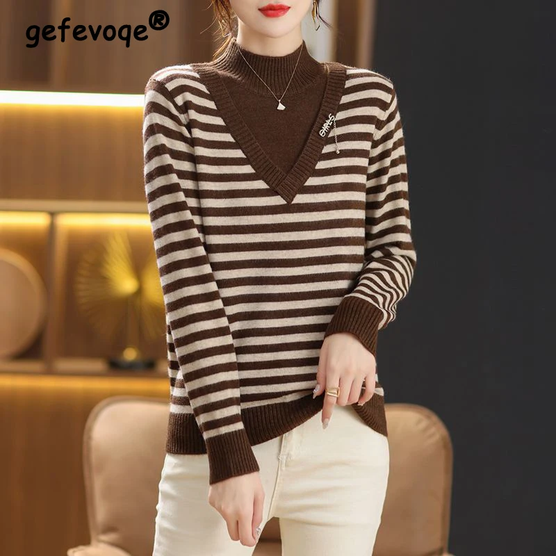 

Women's Korean Striped Patchwork Elegant Knitted Sweater Winter Female Half High Collar Knitwear Long Sleeve Tops Casual Jumpers