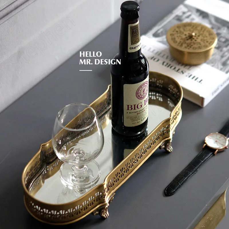 

Hollow Brass Mirror Trays Decorative Nordic Classical Cosmetic Jewelry Storage Display Tray Coffee Table Desktop Carved Plates