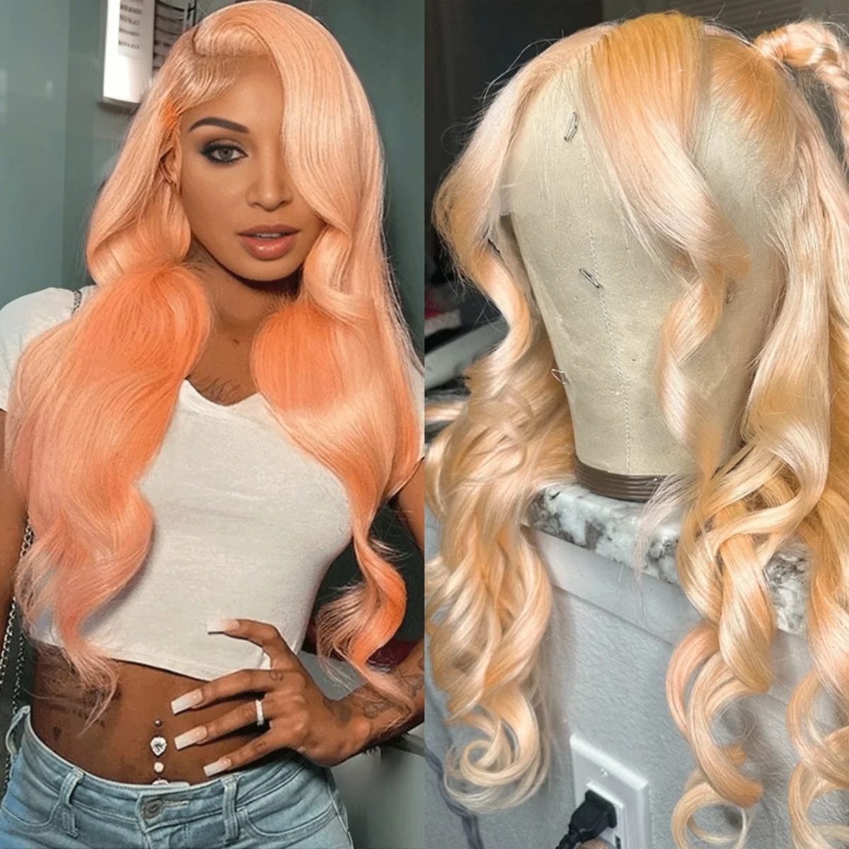 13x4 Transparent Lace Front Human Hair Wig Light Orange Body Wave Wigs 180% Density Brazilian Human Hair Preplucked Hairline